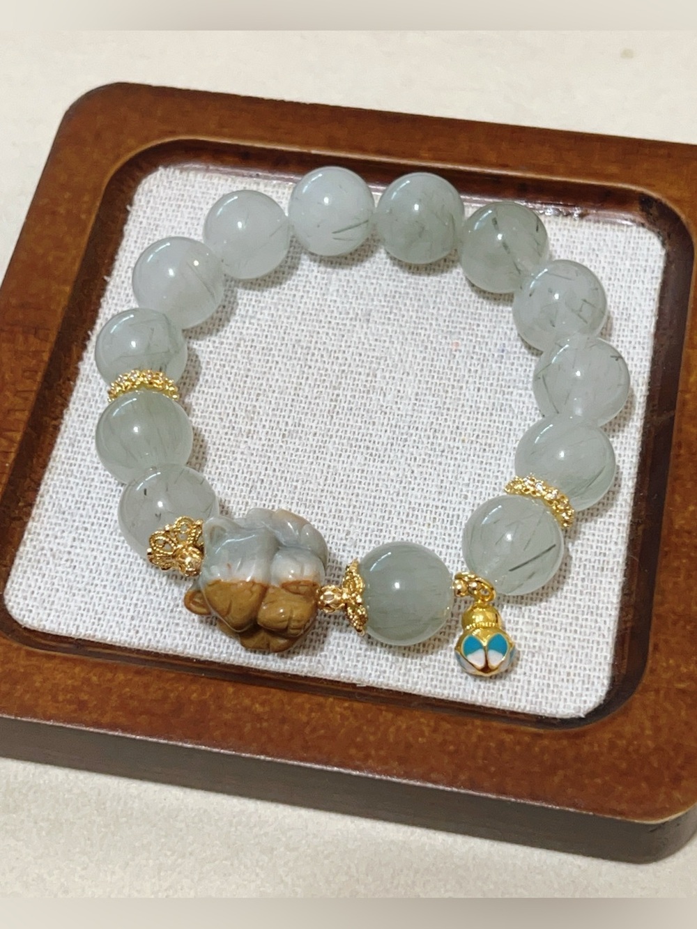 Nine-Tailed Fox Charm Large Bead Green Rutilated Quartz Handmade Bracelet 13.5mm